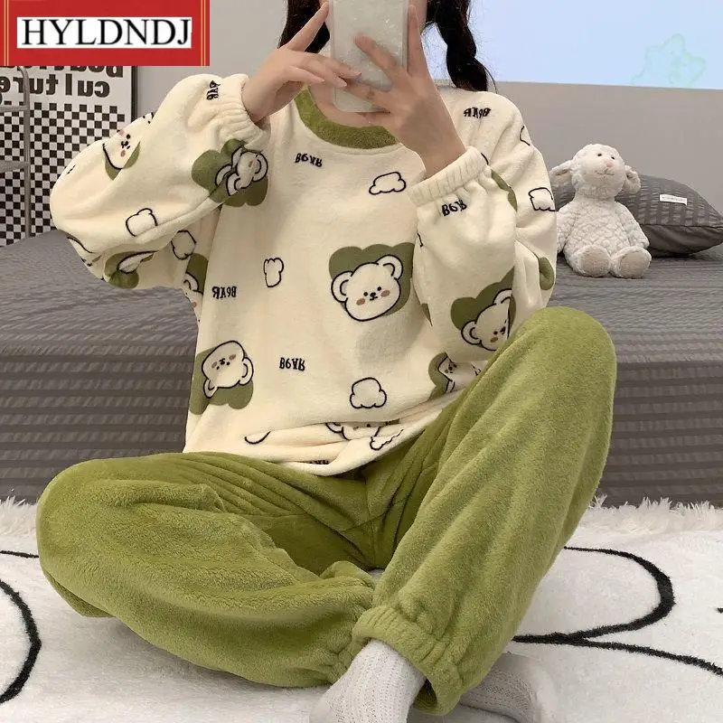 Autumn Winter New Caroset Cute Coral Fleece Pajamas for Womens Plus Velvet Pyjamas Sets Nightgown Sleepwear Homewear