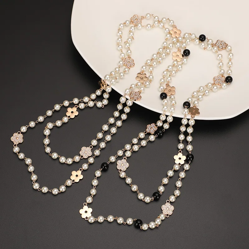 

Luxury Double Layer Necklace Fashion Imitation Pearl Plum Blossom Flowe Long Chain Pendant Jewelry Gifts Women Trend Accessories