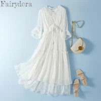 natural silk dress for women 2022 summer elegant v neck mulberry silk beach midi dress embroidery white dress 28030