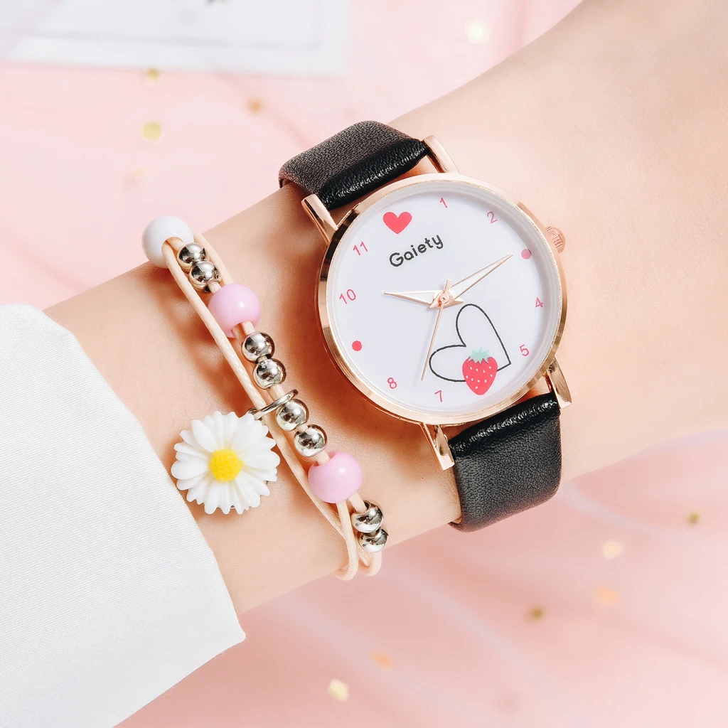 

Women Watch New Heart Strawberry Pattern Fashion Quartz Watch 2 Piece Watch Leather Ladies Clock Women Gift Relogio Feminino