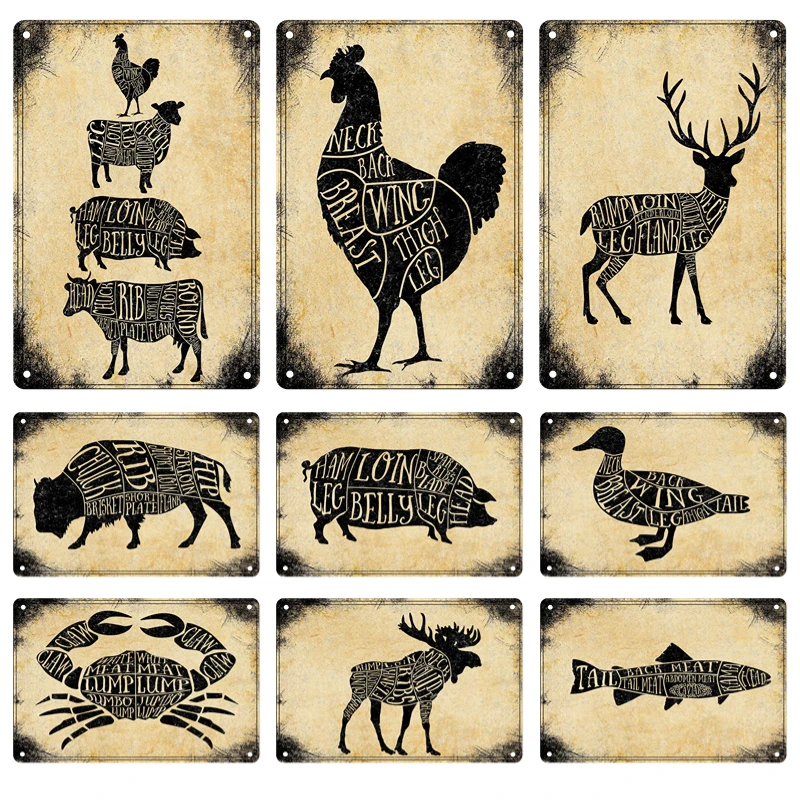 

The Butcher's Guide Vintage Animal Metal Sign Tin Painting Duck Fish Chicken Poster Home Kitchen Restaurant Wall Art Decoration