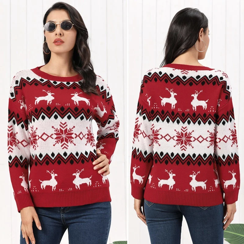 

ASDS-Women Autumn Winter Christmas Sweater Print Long Sleeve O-Neck Christmas Knitting Soft Casual Pullover Tops Red