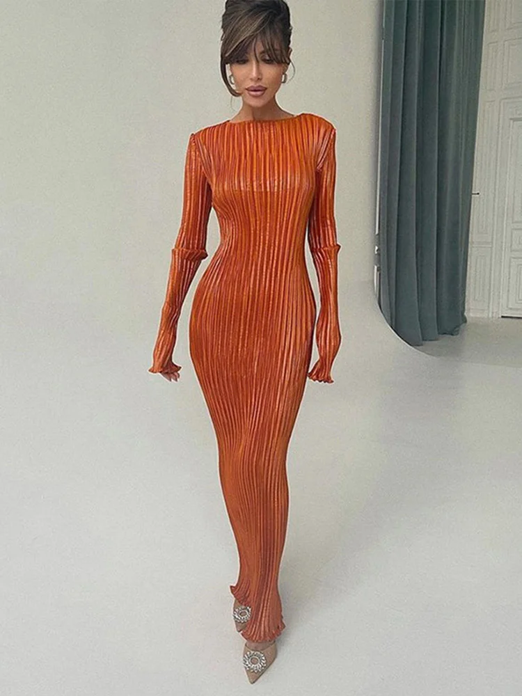 

Women Sexy Slim Long Sleeve Pleated Dress 2022 Summer Fashion Casual Solid Bodycon Long Dress Female Commuter Outfits