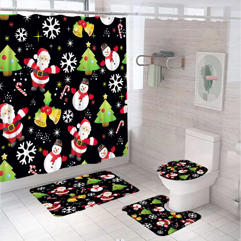 

4Pcs Christmas Shower Curtains Set Non-Slip Rug Toilet Lid Cover Bath Mat Santa Xmas Ornament Tree Snowman Bell Bathroom Curtain