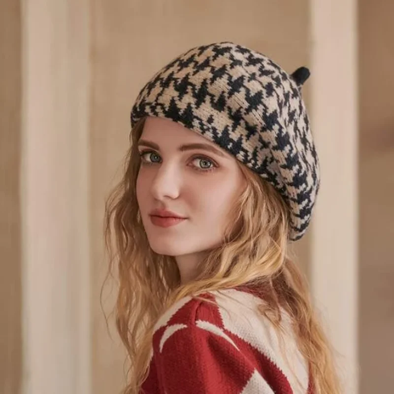

New Autumn Winter Women's Thousand Bird Plaid Beret Style Beanie Knit Hat Warm keeping Fashion Artist Art Warm painter hat Cap