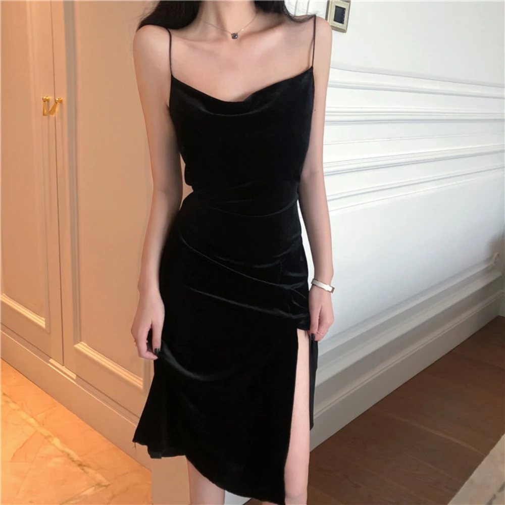 

2021 Brand New Women Dress Spaghetti Strap Slit Velvet Black Dress Sexy Bodycon bandage Dress Midi Party Dress Vestidos Verano