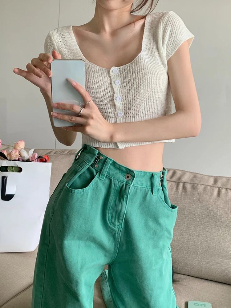 2022 Summer Pure Color Casual Short Pullover Woman Slim Korean Fashion Crop Tops Shore Sleeve Elegant Sexy Cardigan Female Chic