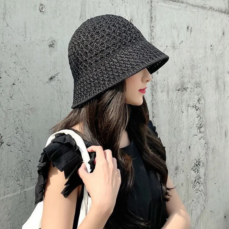 

Women Handmade Crochet Floppy Top Summer Hats Collapsible Dome Bucket Hat Hollow Out Solid Color Beach Caps Simplicity Soft Hat