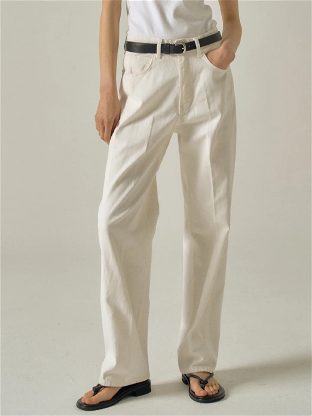 

Women High Waist Straight Denim Pants 2023 Summer New All-Match Ladies Solid Color Loose Wide Leg Trousers