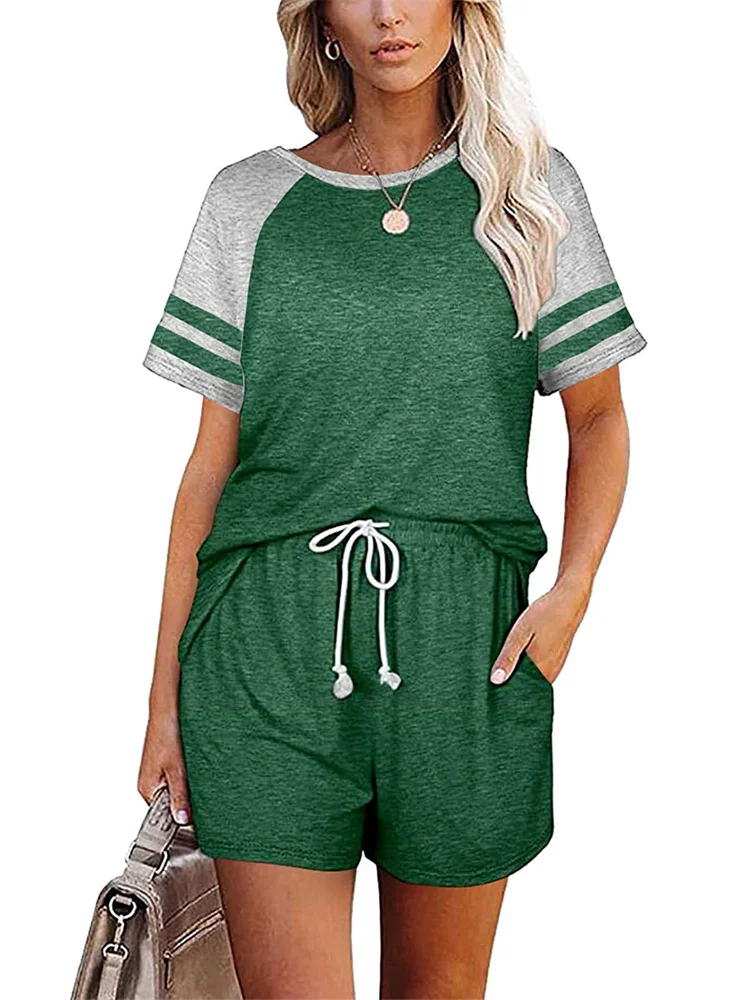 

striped 2 Pcs Short Sets Loung Wear Women's Tracksuit Summer Sleeve T Shirts and High Waist Casual Tops Pullover Shorts Cotton