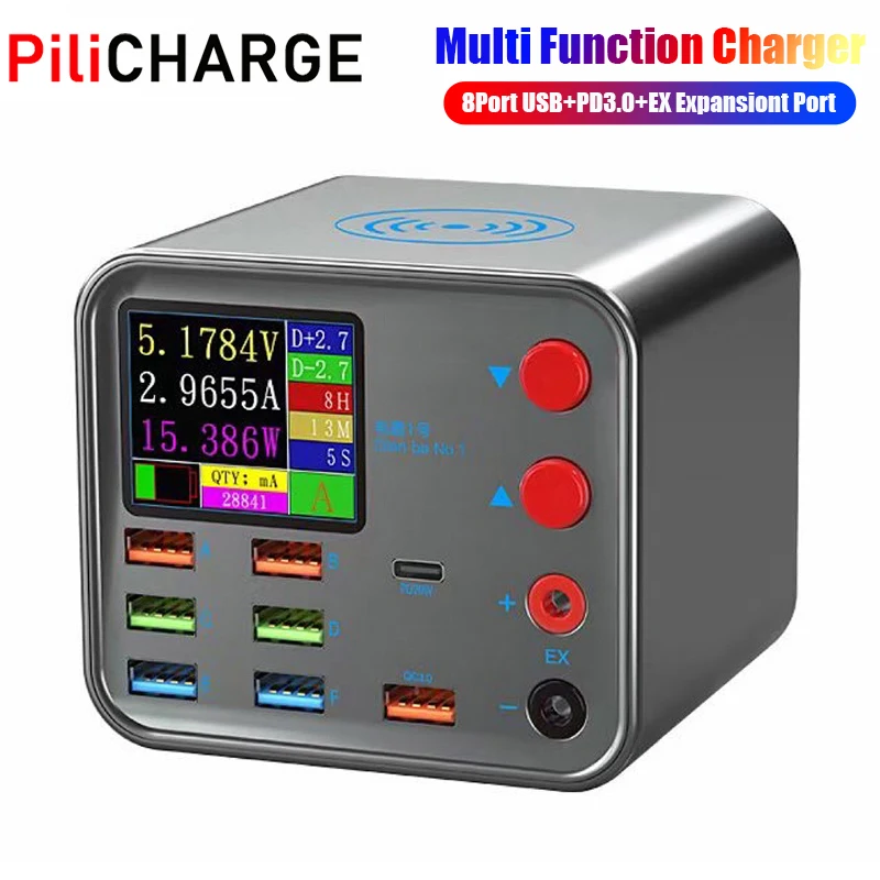 

120W Multi Function Charger Station with 10W Fast Wireless Charging 1.8-inch LED Screen 8 ports USB QC3.0 PD 20W Quick Charger