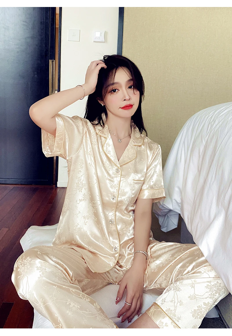 2023  paragraphs female xia ShangBing silk big yards thin loose trousers with short sleeves leisure wear pajamas in the summer