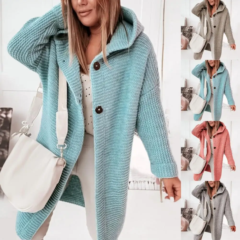 

Solid Color Long Sleeve Women Cardigan Autumn Winter Two Buttons Hooded Sweater Coat Outerwear Two Buttons Hooded Sweater Coat