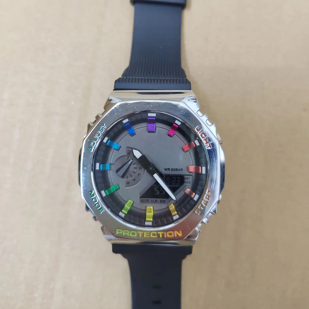 Скидка Мужские часы 2100 Цифровые Спортивные кварцевые съемные в сборе металлический циферблат светодиодная автоматическая подсветка для рук сери...