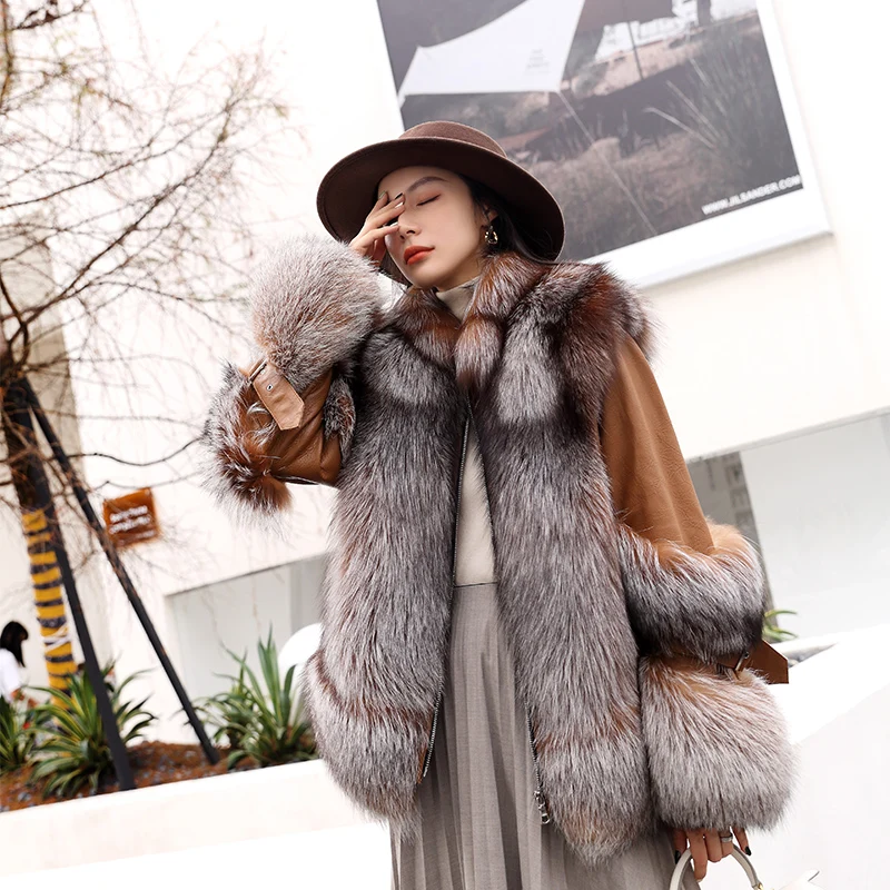 

Fur Lover Gorgeous Real Silver Fox Fur Jacket Super Luxury Genuine Sheep Leather Coat With Fox Fur Bigger Collar