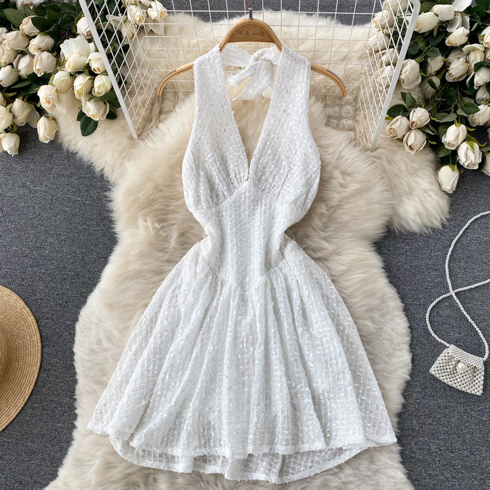 

Women's Summer Dress See-through V-neck Chiffon mini skirt White/black Elegant women's dress Beach vacation sexy vestidos 2022