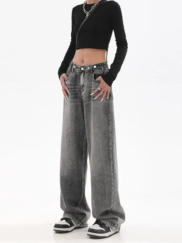 

2022 New Grey Wide Leg Jeans Women High Waist Baggy Retro Feminine Trousers Students Solid Vintage All-match Fashion Harajuku
