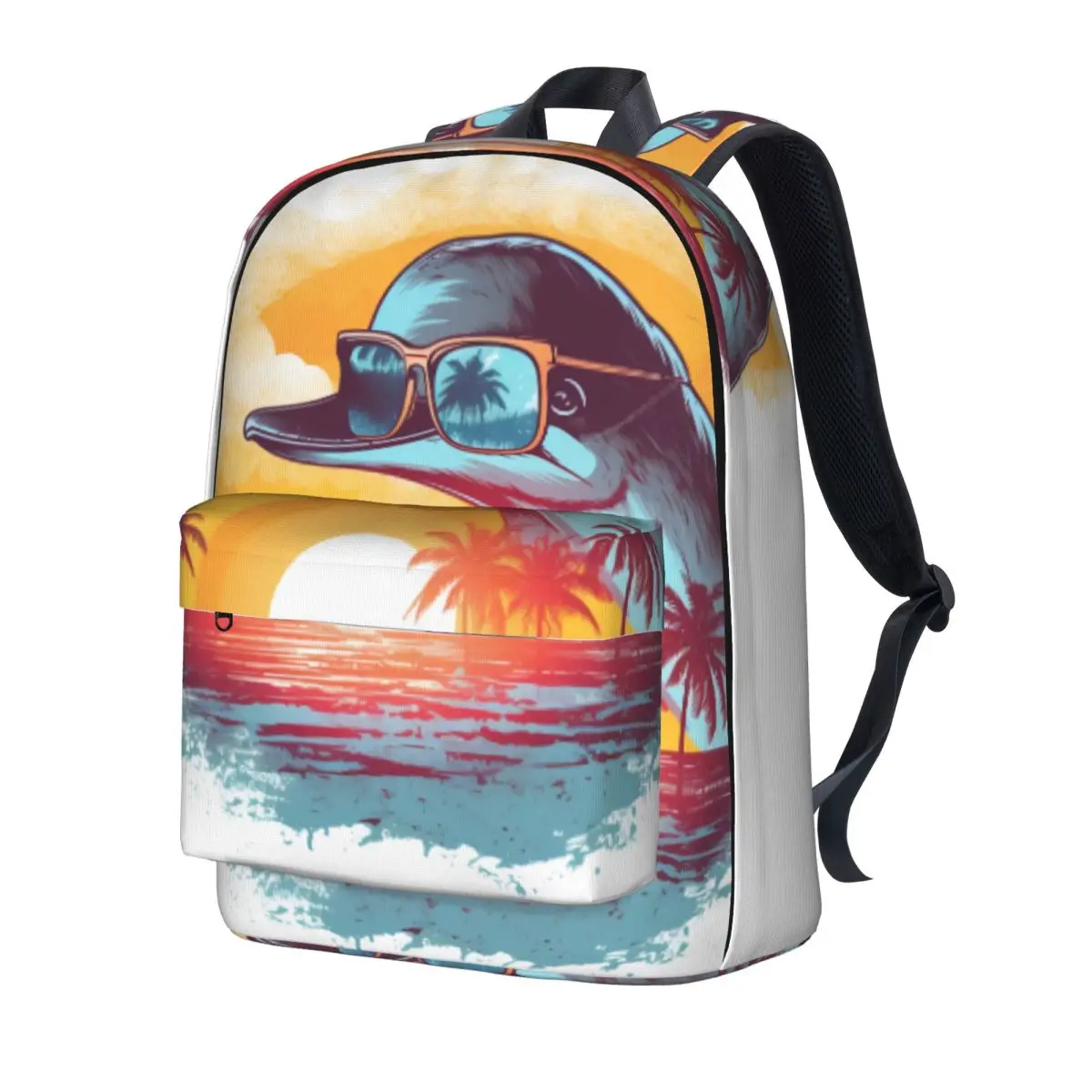 

Dolphin Backpack Retro Sunset Animals With Sunglasses Sport Backpacks Student Designer Soft High School Bags Casual Rucksack