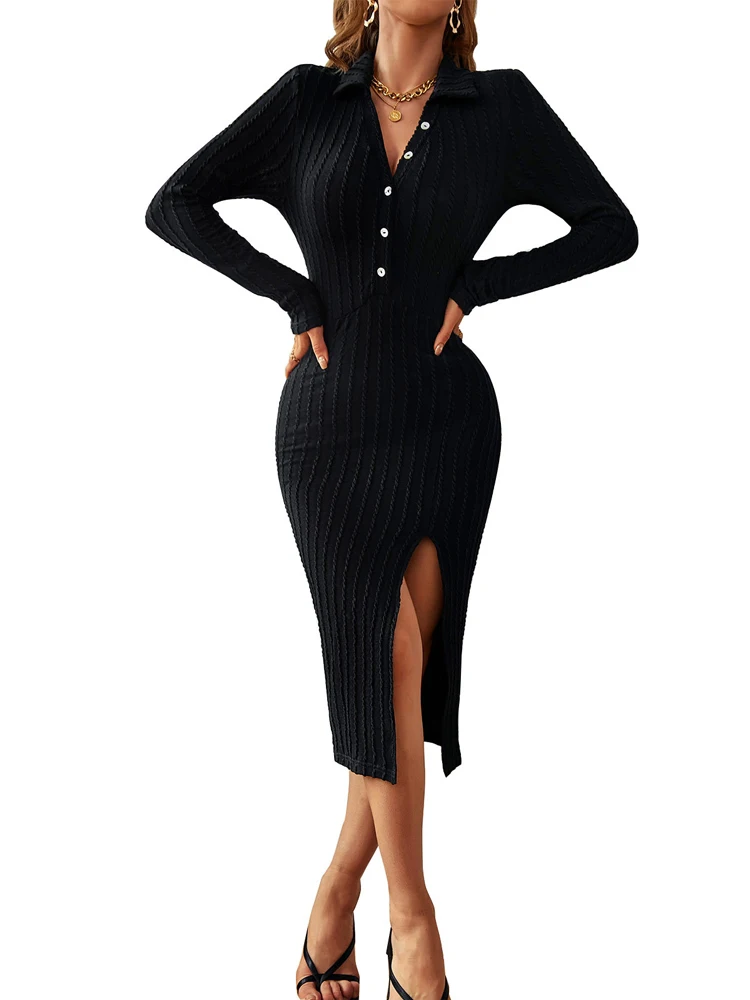 

Knitted Dresses For Women Skinny Stretchy Ribbed Split Robes Spring Autumn New Solid Fashion Elegant Sexy Empire Dress Vestidos