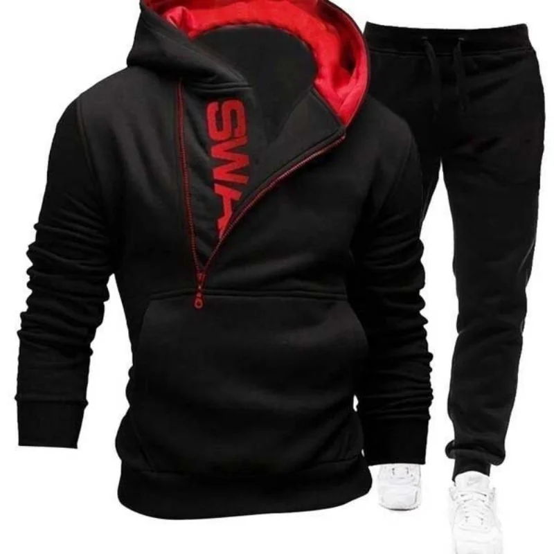 Spring Autumn Men's Sweatshirt Suit Letter Printed Zipper Pockets Hoodie+Drawstring Sweatpants Fashion Male 2Pcs Set