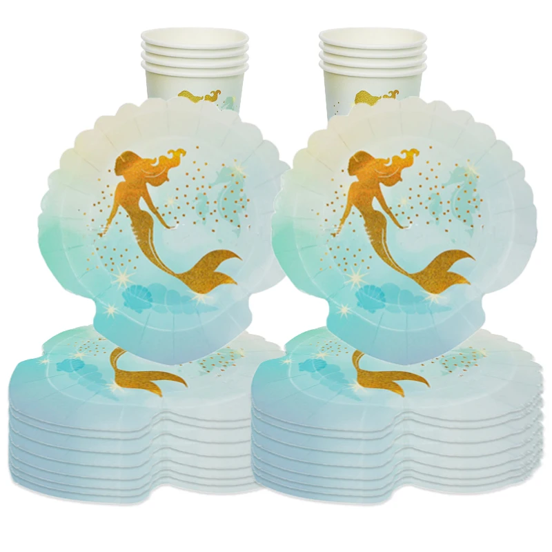 

6Guests Blue Mermaid Disposable Tableware Set Shell Gold Mermaid Plates Cups Under The Sea Happy Birthday Party Decor