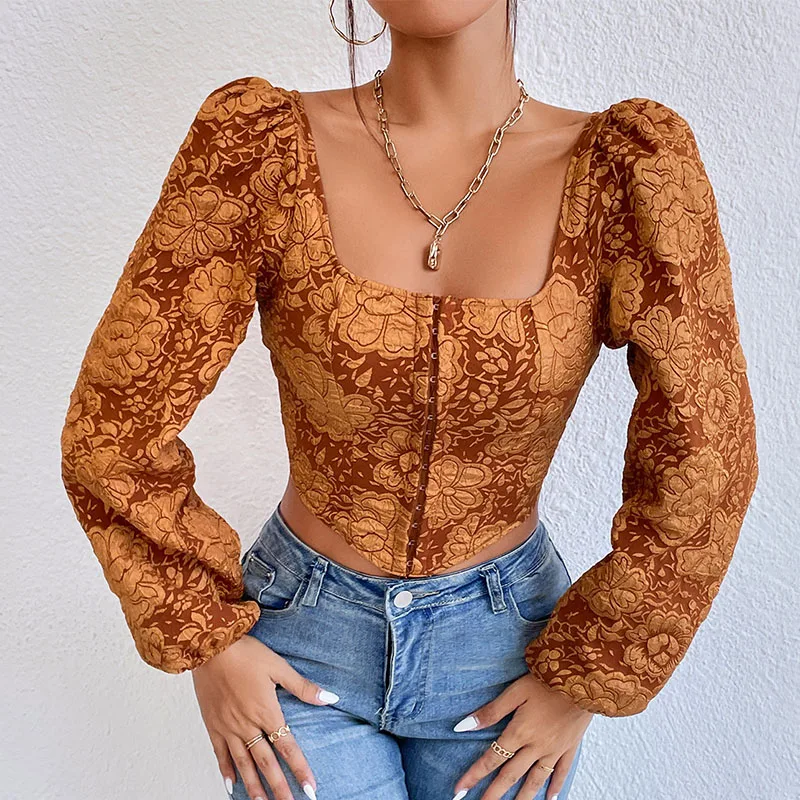 

Autumn Women's Blouse Street Embroidery Retro Euro-American Vest Buckle Backless Long-sleeved T-shirt Square Collar Pullover