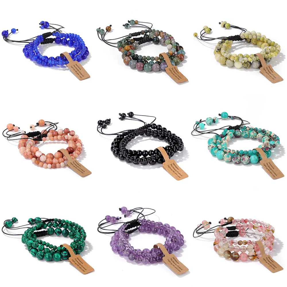 4 / 6 8MM Натуральный камень вязаный браслет 3 шт. Набор малахита аметист агат