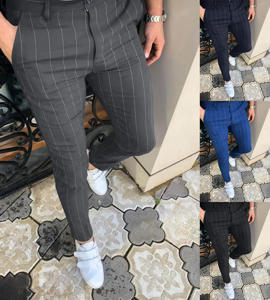 

Men's Casual Pants Stripe Social Slim Fit Black Trousers Zipper Mid Waist Skinny Business Office Work Party Male Summer Stretchy