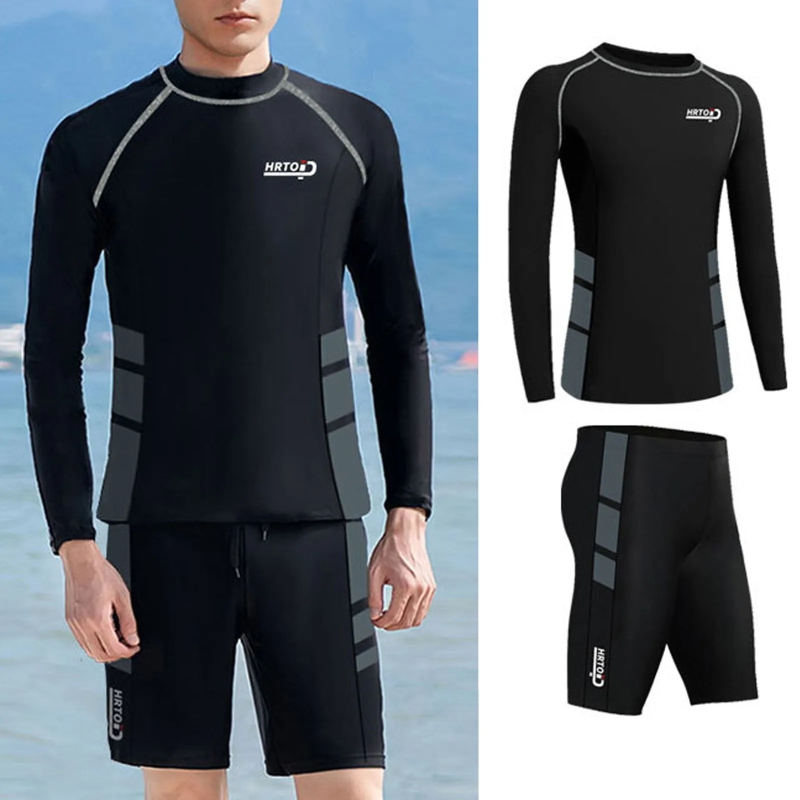 

Men Casual Long Sleeved Diving Top Suit Swimsuit Sunscreen Fast Dry Surfing Shorts Suit And Stripes Bikini