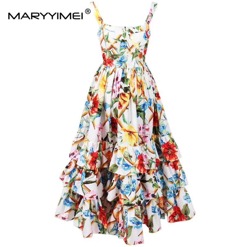 

MARYYIMEI Fashion Designer Dress Summer Women's Spaghetti strap Backless Floral Print Cascading Ruffle Beach Ball Gown Dresses