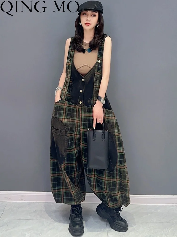QING MO 2023 Summer New Korean Fashion Casual Large Size Jumpsuit Women Age Reducing Plaid Overalls Pant ZXF2553