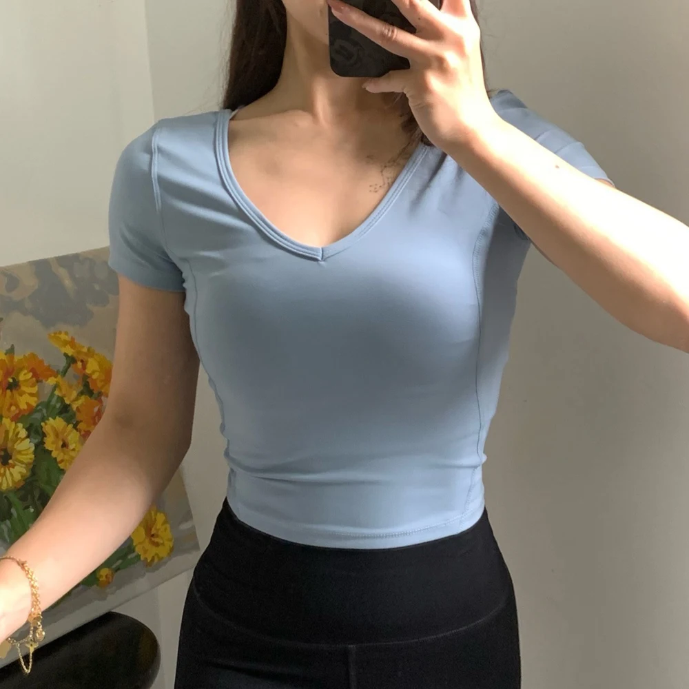 Lulu Women Shirts Sexy Backless Sports Tops Women Fitness Sportswear Crop Tops Gym Clothing Yoga Wear Shorts Sleeve for Summer