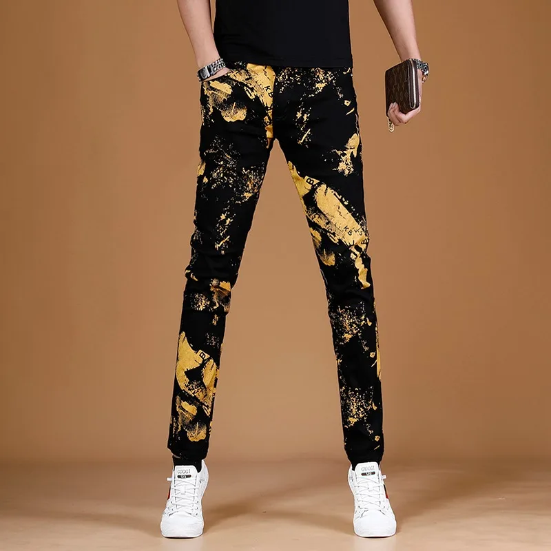 Black Jeans Men Summer Fashion Golden Printed Pants Streetwear Casual Straight Slim Fit Denim Trousers