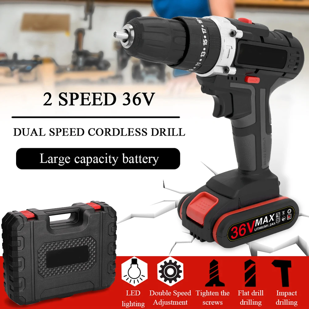 

36V Impact Electric Cordless Drill High-power Battery Wireless Rechargeable Hand Drills Brush Motor Home DIY Electric Power Tool