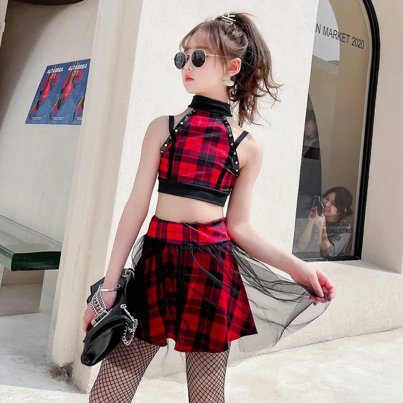 

Dance Suit For Girls Baby Hiphop Performance Clothes Set Short Tops Mesh Skirts Two Pieces Child Clothing