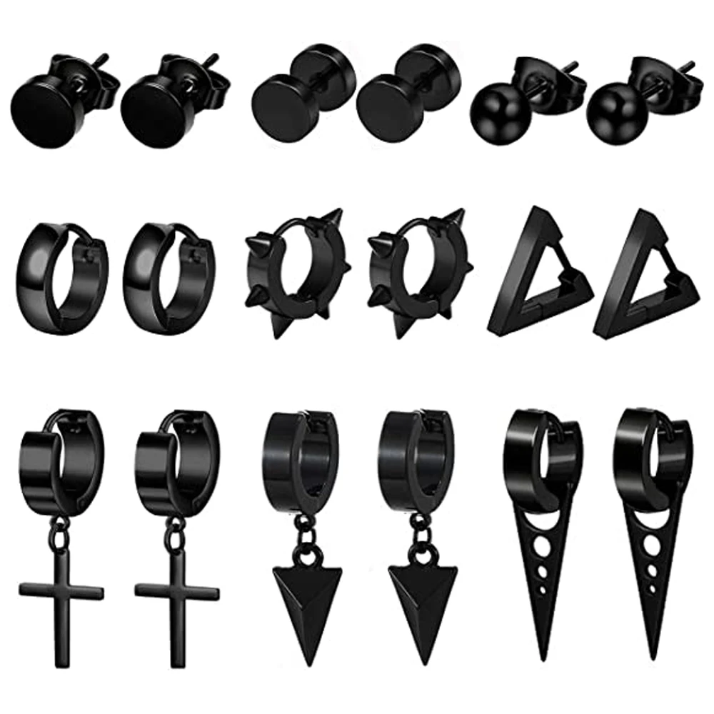 

Stainless Steel Stud Huggie Hoop Earrings for Women Mens Black Cross Triangle Dangle Earrings Punk Style Goth Earrings Set