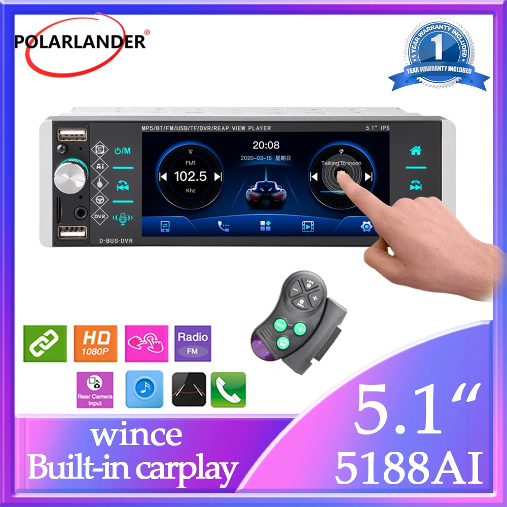

1Din MP5 Player Touch Screen Car Radio RDS AM FM 3-USB Bidirectional Interconnection 5.1/4 Inches Support Android 10 Mirrorlink