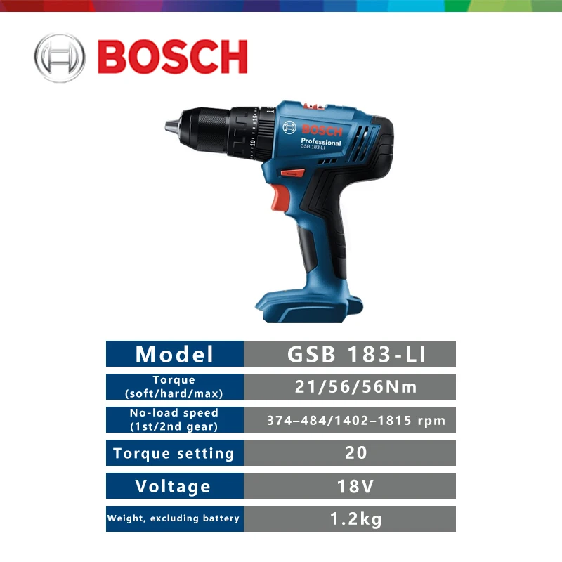 Фото Бесщеточная электрическая дрель BOSCH GSR183 Li, 18 В, бытовая ударная дрель, аккумуляторная отвертка, оригинальный электроинструмент №2