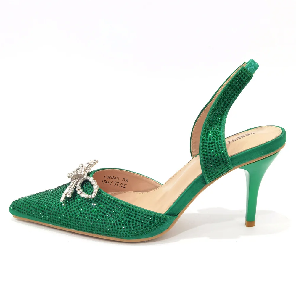 Venus Chan Latest 2023 New Green Pointed Flash Diamond Decorative High Heels Elegant And Delicate Party Ladies Shoes And Bag Set