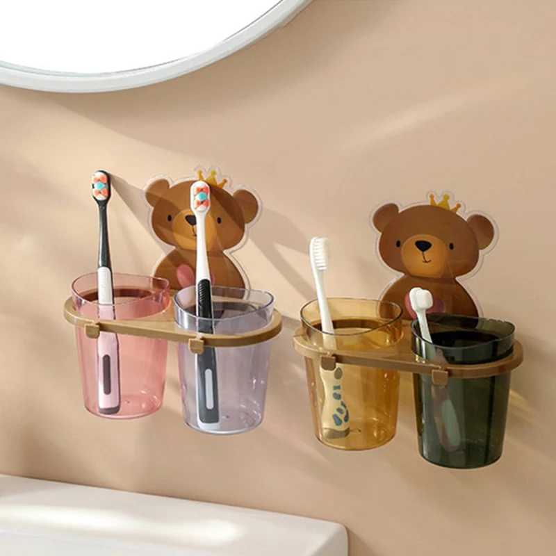 teddy bear wall mounted toothbrush holder cup punch free storage rack bathroom supplies organizer bathroom accessories tooth free global shipping
