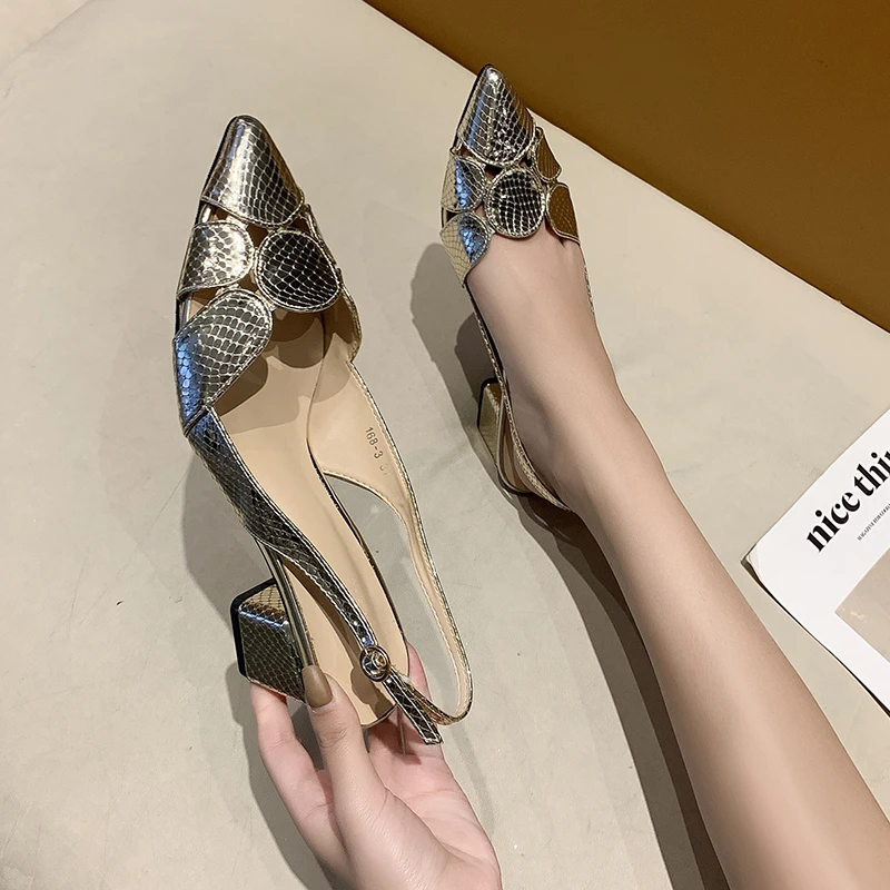

2023 new summer Fashion Women High Heels Lady Pointe Toe Gold Heels chunky heel one pedal Sandals Female Wedding Bridal Shoes