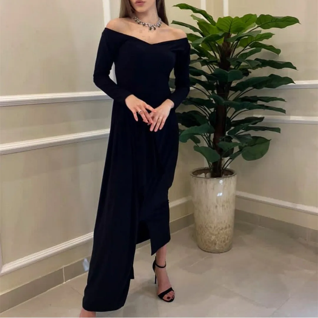 

Long Black V-Neck Muslim Pleated Evening Dress With Side Train Sheath Crepe Ankle Length إفننغ دريسس Robes de Soirée for Women