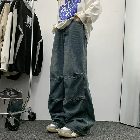 Джинсы мужские прямые в стиле хип-хоп, модные брюки из денима, классические синие уличные штаны в стиле Харадзюку