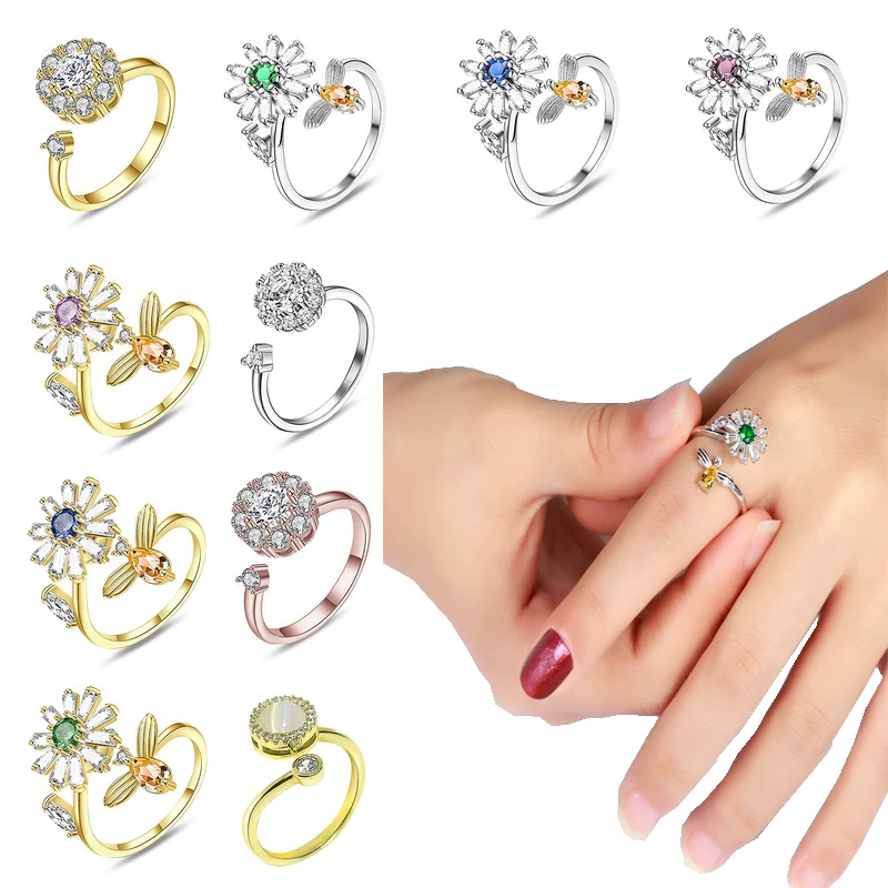 

New Fashion Creativity Relieving Anxiety Rings For Women Adjustable Opening Zircon Sunflower Anti Stress Ring 2022 Trend Jewelry