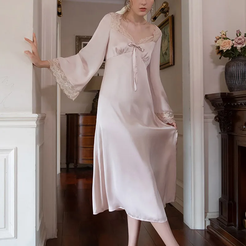 CAIYIER V-Neck Sexy Silk Nightdress Women Sweet Lace Sleepdress Retro Palace Long Sleeve Sleepshirts Fashion Party Nightgowns