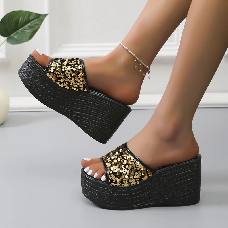 

New Women Platform Peep Open Toe Sequins Slip on Outdoor Sandals Slippers High Wedges Thick Heel Party Dress Ladies Bling Shoes