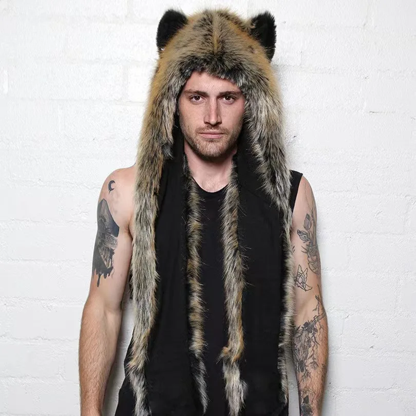 Мужская/женская шапка с капюшоном из искусственного меха ушами перчатки 3 в 1