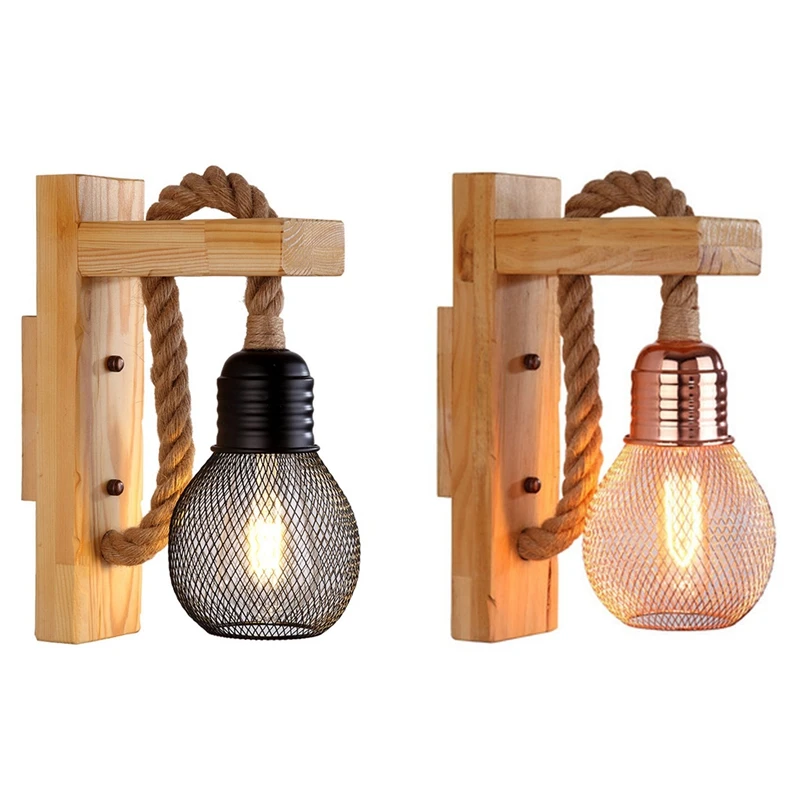 

Vintage Wood Hemp Rope Wall Lamps Fixture Retro Hallway Bedside Loft Light Luminaire Industrial Decor