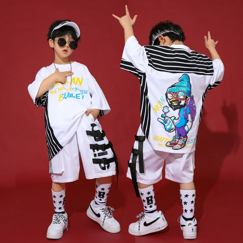 

Boys Hip Hop T Shirt Girls Loose Cargo Shorts Clothing Sets Kid Summer Cartoons Print Cool Tee Street Dance Jazz Child Costumes