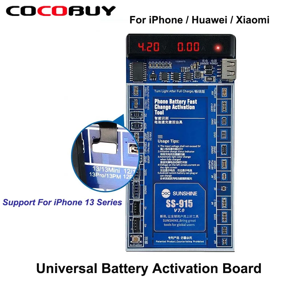 

Sunshine SS-915 Universal Battery Activation Board For iPhone 13 Huawei Xiaomi Activation Mobile Quick Charge 2A PCB Repair Tool